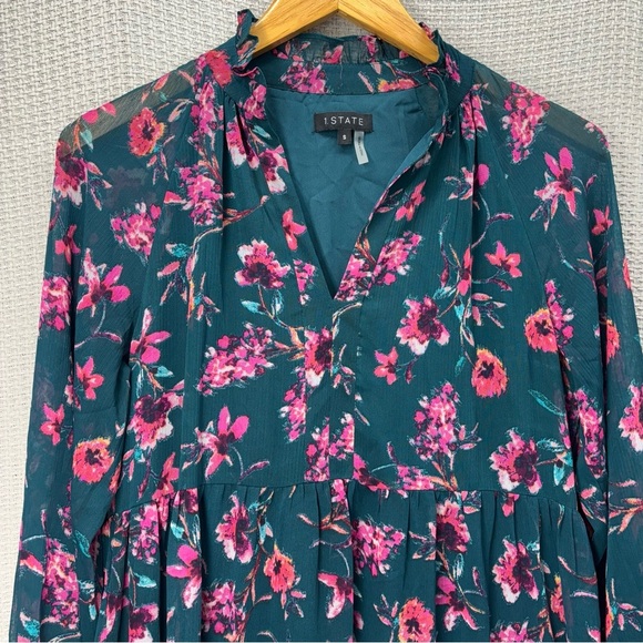 1.State Floral Tiered Mini Dress Small Boho Long Sleeve Flowy Black Pink Ruffled - Picture 2 of 9